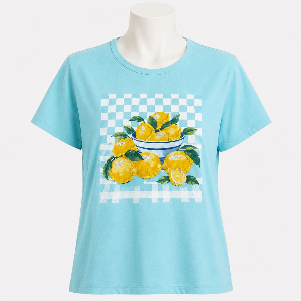 J.Crew Collector Tee Lemon Graphic Sequin T-Shirt Women's Large Light Blue